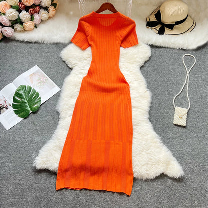 YuooMuoo 2026 Summer Women Knitted Long Dress Brand Fashion O-neck Buttons Bodycon Sweater Dress Elegant Lady Office Vestidos