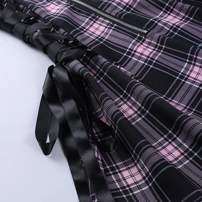 Goth Chic Y2K Blue Plaid Print Mini Dress with Side Tie Center Zipper A-Line Slip Bustier Sleeveless Dress for Women Fashion