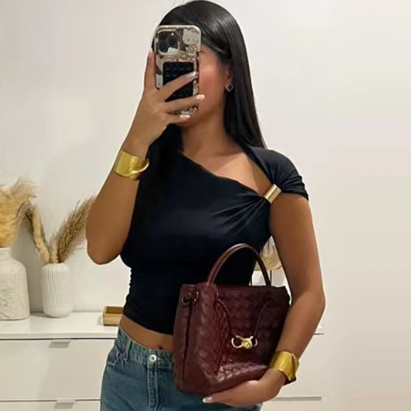 HXAO 2025 Women Asymmetrical Top Spring Summer Yellow Black Khaki Tanks & Camis Sexy Tight Y2k T-Shirt Lady Fashion Tank Top 066