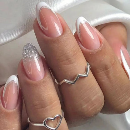 24PCS nude pink short square fake nails, Gold lines, love design, full cover fake nail set, 1 nail file and 1 nail glue sticker