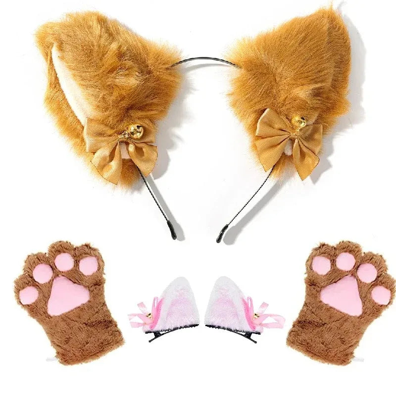 1 Set Cute Cat Ear Hair Wear Claw Gloves Girls Anime Cosplay Costume Plush Bell Cat Fur Ear Hairband Night Party Club Headbands
