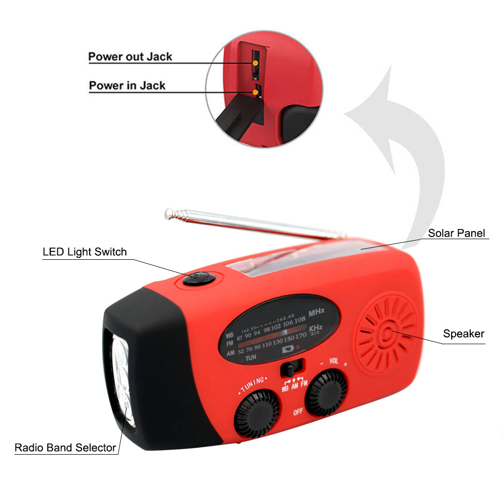 Solar Hand Crank Powered Camping Light With AM/FM Radio Outdoor 2000mAh USB Charging Multifunctional Hand Dynamo LED Flashlight