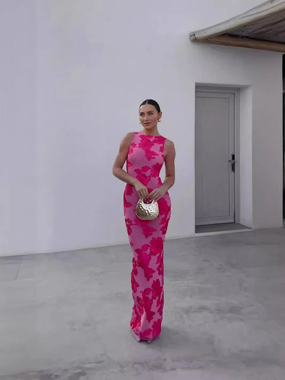 2024 New Elegant Women Sleeveless 3d Flowers Party Dress Embroidery Mesh Slim Hip Package Female Fshion Maxi Dresses Robe