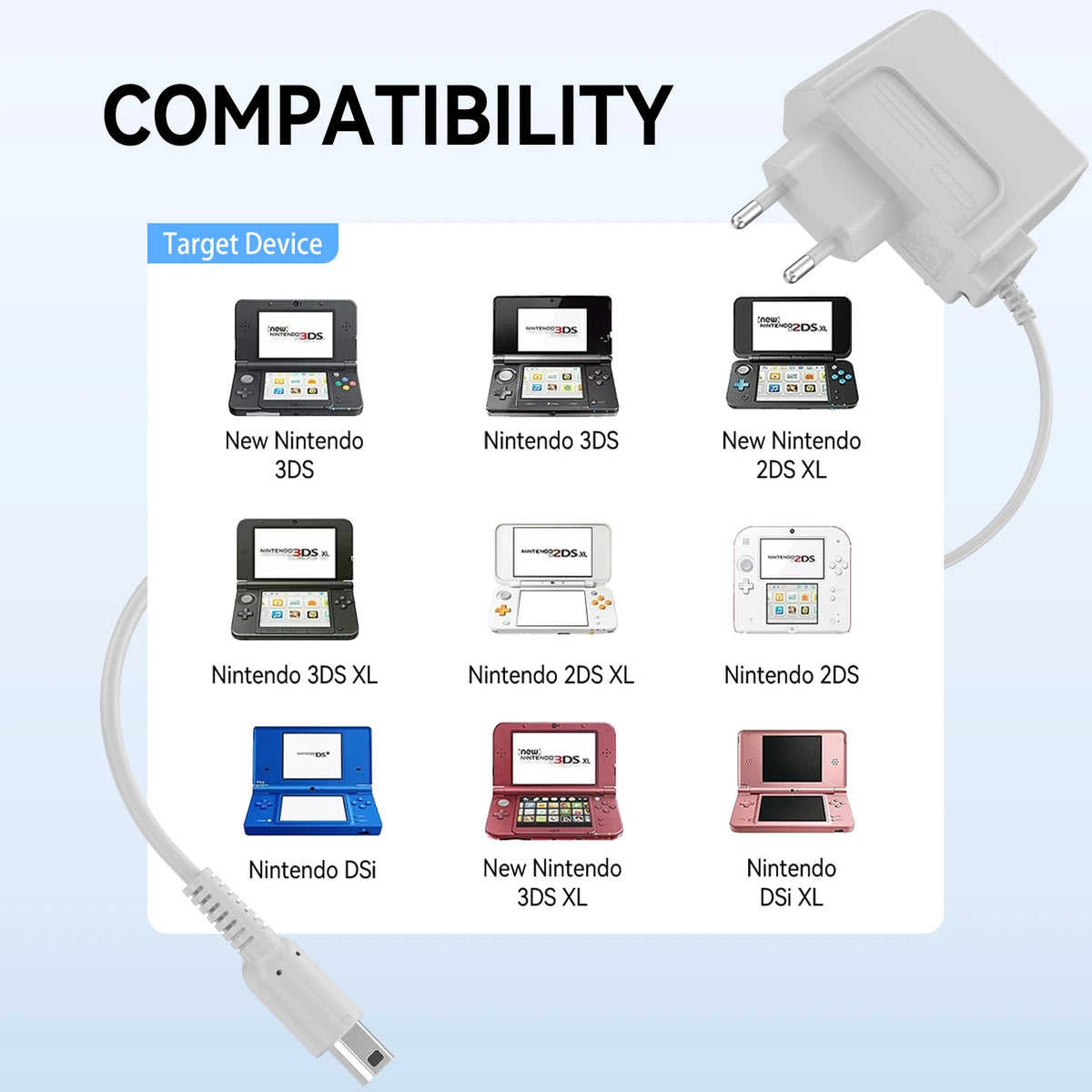 Charger With EU Plug For Nintendo 3DS XL/2DS/DSi 1.2m Charging Cable For New 3DS XL/New 3DS/New 2DS XL/New 2DS/2DS XL/DSi XL
