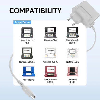 Charger With EU Plug For Nintendo 3DS XL/2DS/DSi 1.2m Charging Cable For New 3DS XL/New 3DS/New 2DS XL/New 2DS/2DS XL/DSi XL