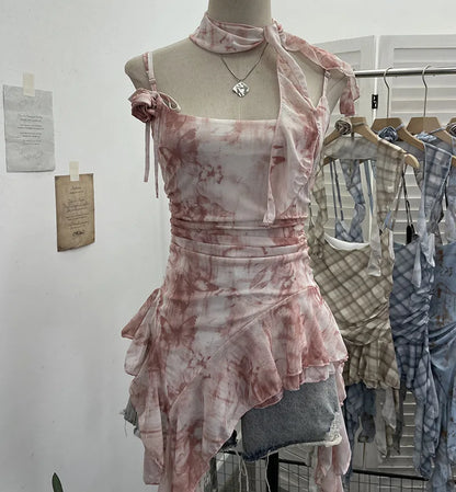 Women's Vintage Tie-dye Printed Mesh Spaghetti Strap Camisole Hot Girl Irregular Ruffled Ribbon Sleeveless Top Partyclub 1185