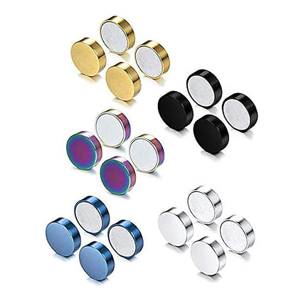 1 Pair 6-12mm Black Stainless Steel Hypoallergenic Magnetic Fake Gauges Earring Studs for Men Women Non Pierced Earrings