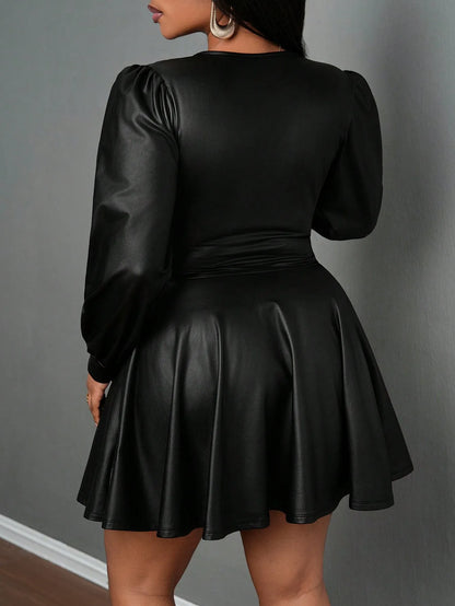 plus Size Leather Skirt for Women Deep V Neck Lantern Sleeve Waist Cinched A-Line Party Outfit Sexy Girl's Ensemble
