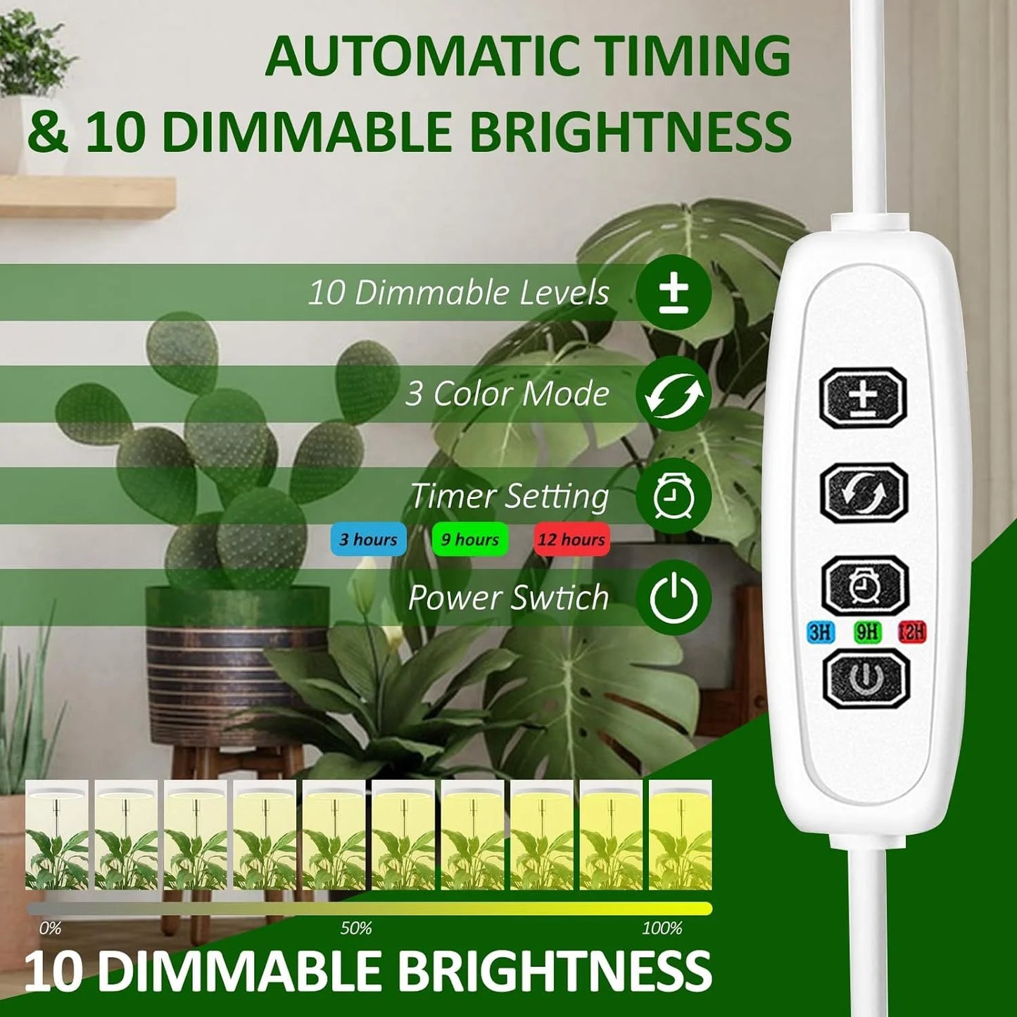Full Spectrum Fill Light LED Grow Lamp for Indoor Solar Plants with Adjustable Height, 3/9/12H Timer 10-Level Dimming for Garden