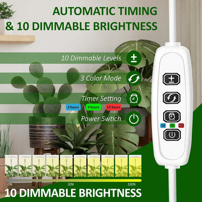 Full Spectrum Fill Light LED Grow Lamp for Indoor Solar Plants with Adjustable Height, 3/9/12H Timer 10-Level Dimming for Garden
