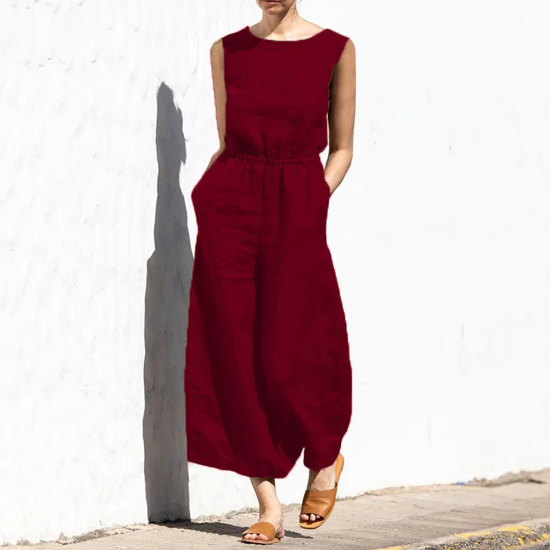 Cotton And Linen Jumpsuit Women Solid Color Sleeveless Pocket High Waist Wide Legs Jumpsuits Casual Commuting Ladies Bodysuits