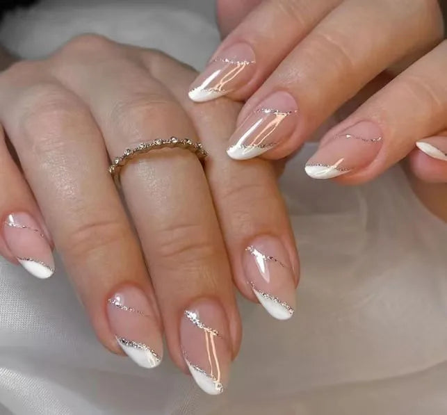 24PCS nude pink short square fake nails, Gold lines, love design, full cover fake nail set, 1 nail file and 1 nail glue sticker
