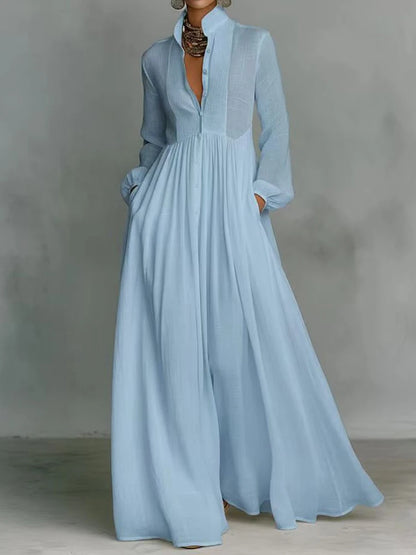 Elegant Stand Collar Long Sleeve Party Dress, Women 2026 New Spring Solid Casual Dresses, Single Breasted Ladies Pocket Dresses
