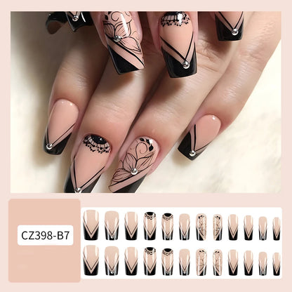 24pcs/set short square fake nails for women girls faux ongles fashion glitter geometric flowers design press on false nail kit
