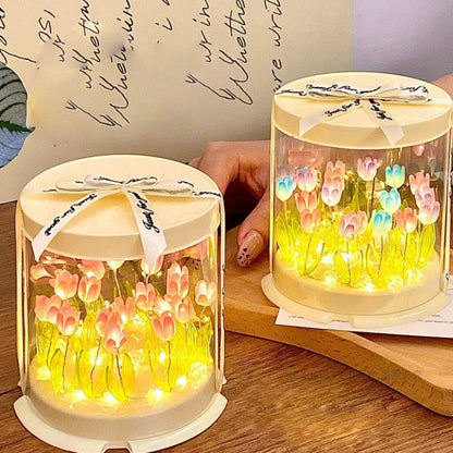 DIY Tulip Lamp Simulation Flower Sea Cake Box Bedroom Sleeping Table Lamp Handmade Craft Decor Tulips Night Light Birthday Gift