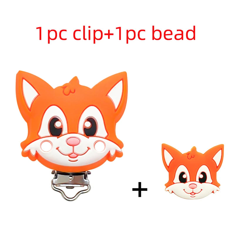 2pcs Silicone Cartoon Animal Teething Toy Fox Panda Elephant Food-Grade Silicone Nipple Necklace Clip Baby Toy Gift