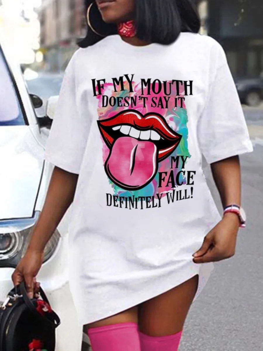 Women's summer casual fashion loose plus size letter lip print pattern printed short sleeved summer T-shirt dress