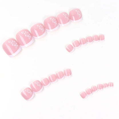 24PCS Pink Fake Toenails With Full Coverage Of Glossy Acrylic Glue, Designed Flower Artificial Ssticks, Suitable For Women's