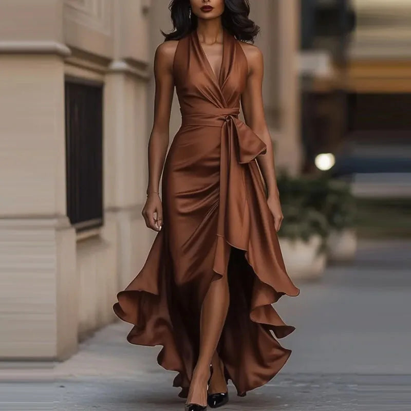 Temperament V-neck Irregular Satin Evening Dress Sexy Slim Solid Color Pleat Dress Summer New Lace Up Off Shoulder Banquet Dress