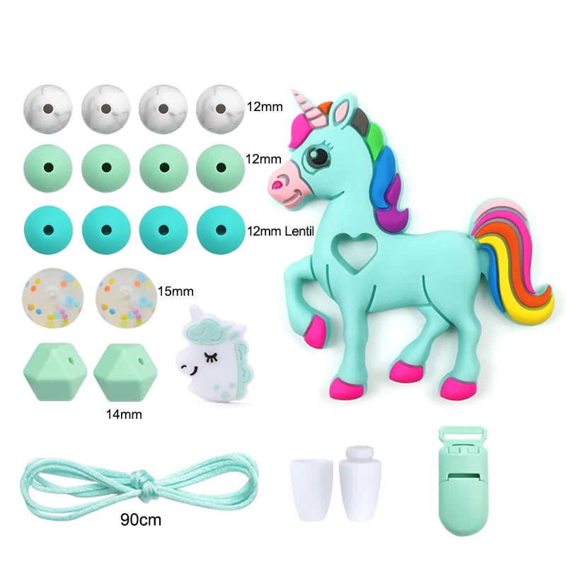 LOFCA Silicone Teether Wood Beads Set BPA Free DIY Baby Teething Necklace Toy Cartoon Koala Raccoon Pacifier Chain Clip