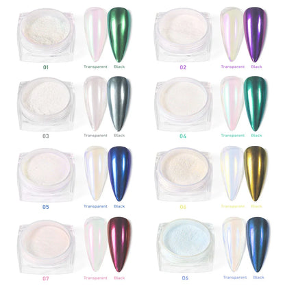 12Pcs/Set Aurora White Nail Mirror Powder 0.3g/Jar Shimmer Moonlight Chrome Pigment Dust for UV Gel Polish Manicure Decorations