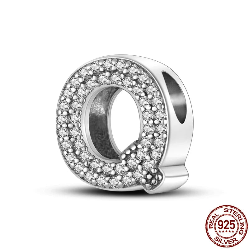 Original 925 Sterling Silver 26 Alphabet Letters Sparkling Zircon Charms Pendant Beads For Women Fine DIY Birthday Jewelry Gifts