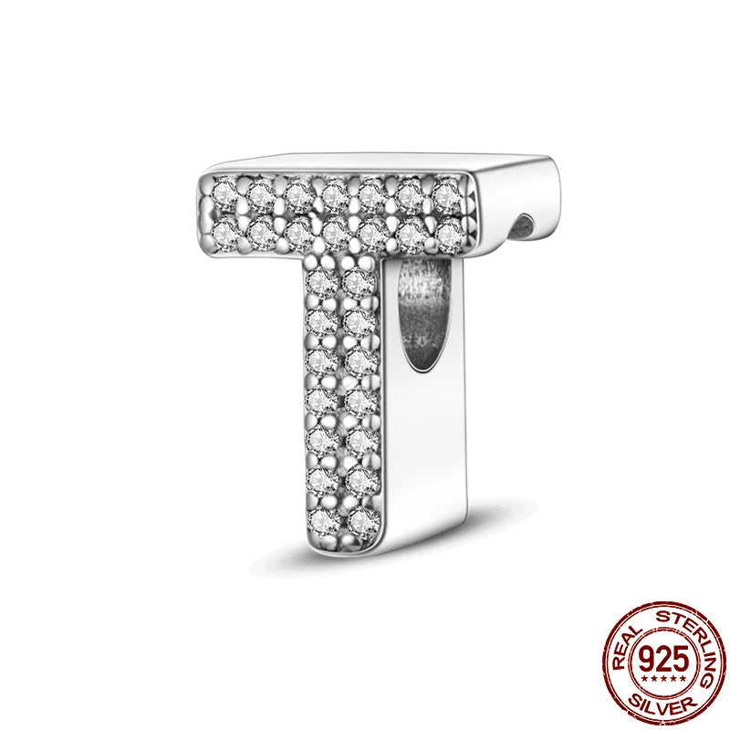 Original 925 Sterling Silver 26 Alphabet Letters Sparkling Zircon Charms Pendant Beads For Women Fine DIY Birthday Jewelry Gifts