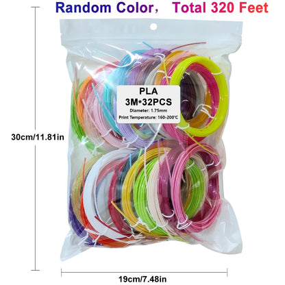 32/15/10 Colors 3D Pen Filament Refills 1.75mm PLA, Each Color 10Feet(3m), Total 320/150/100 Feet (96/45/30m), Random Color