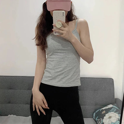 1PC Korean Women's Solid Color Spaghetti Straps Sleeveless Slim Camisole With Chest Pad