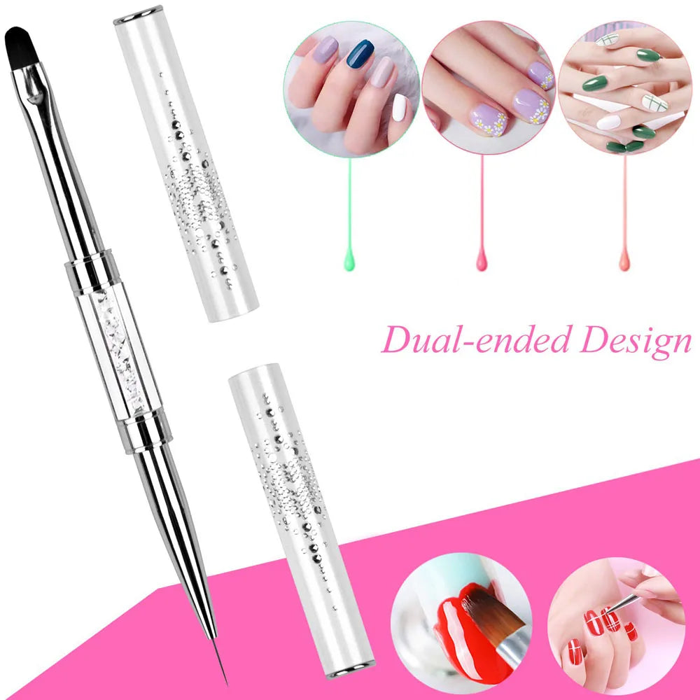 Pro Dual-Ended Builder Gel Nail Art Brush Rhinestone Handle for Painting French Tip Nail Brush Polish Gel Liner Manicure Tools
