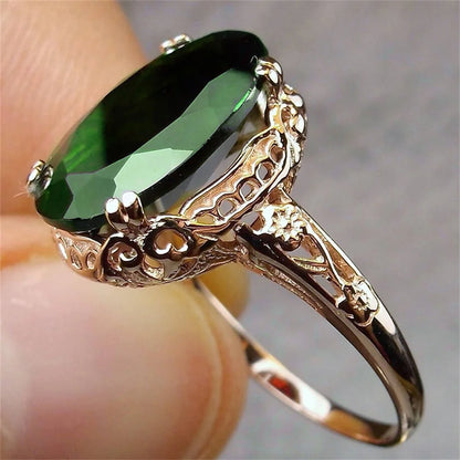 Huitan Rose Gold Color Women Ring Inlaid Shiny Red/Green Oval CZ Luxury Party Accessories Noble Fashion Engagement Chic Jewelry