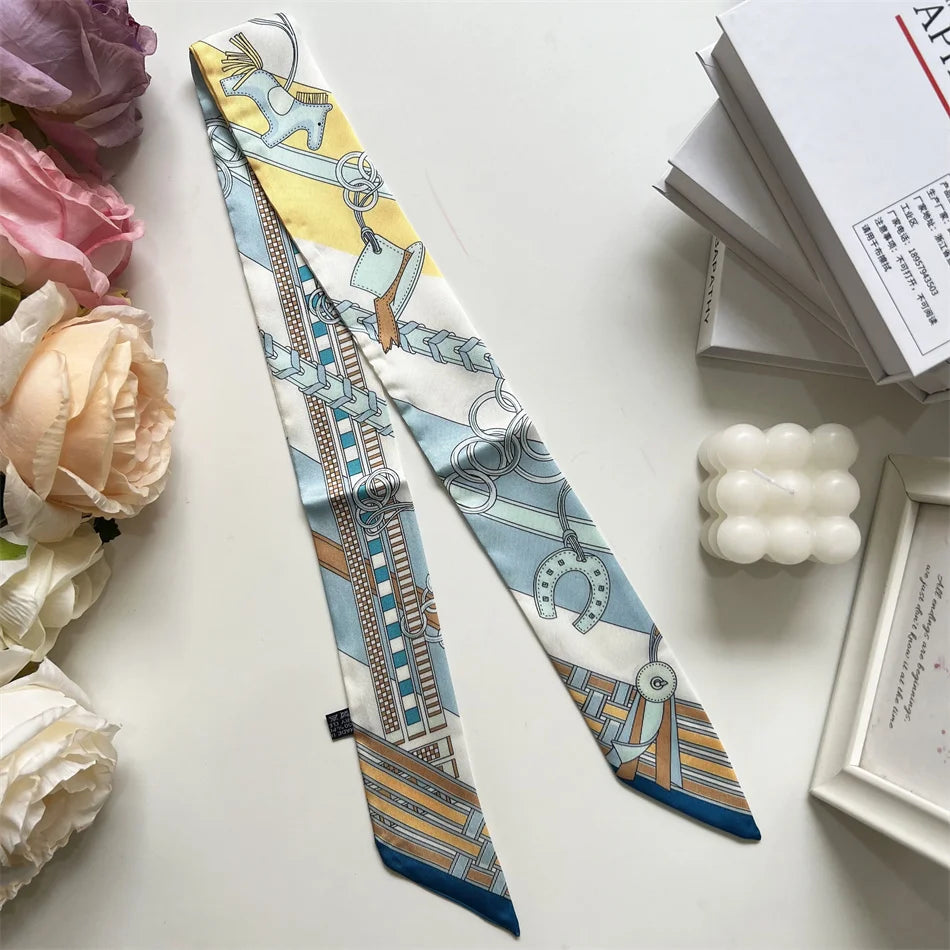 New Long Small Silk Scarf Headband Women's Double-sided Elegant Binding Strap Streamer Small Scarf Gift Ribbon Silk Scarf