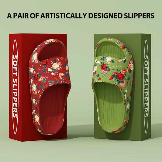 Women Men Floral Slide Sandals Plus Size Soft Slippers Thick Sole Non Slip Beach Shoes Casual Summer Indoor Outdoor Footwear