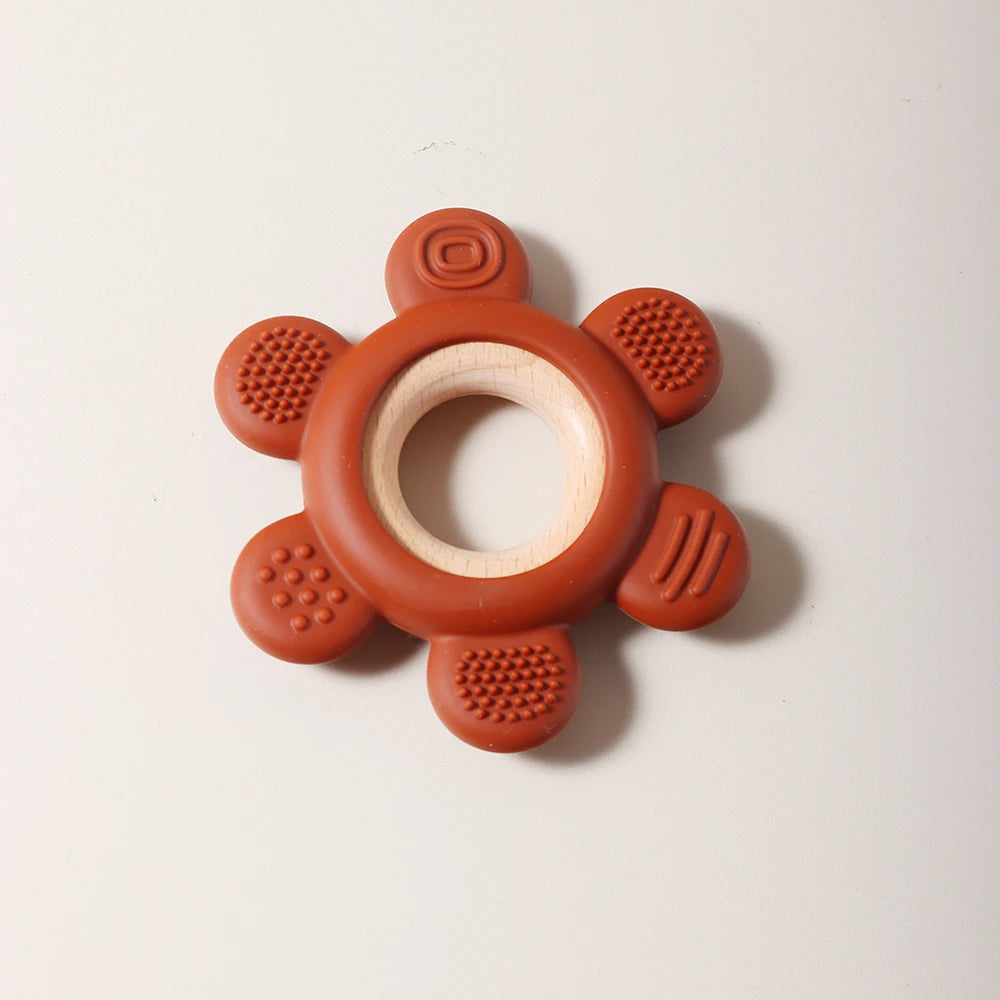 hot sale Baby wooden teether flower silicone teether Food Grade Safe Teether with wooden ring  Toy Teething gift