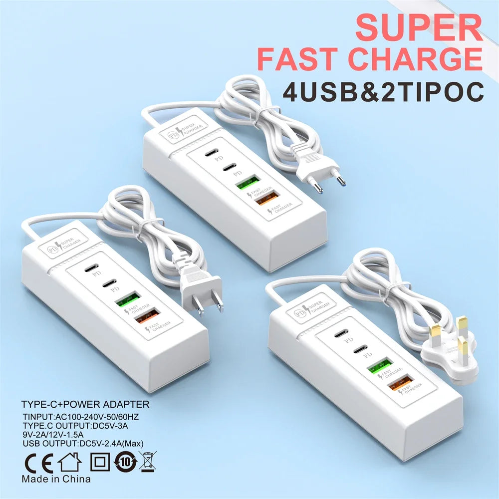 4Ports USB Fast Charger Station USB HUB3.0 Multi Splitter Adapter USB C Expander Portable Travel Charger For iPhone Xiaomi Phone