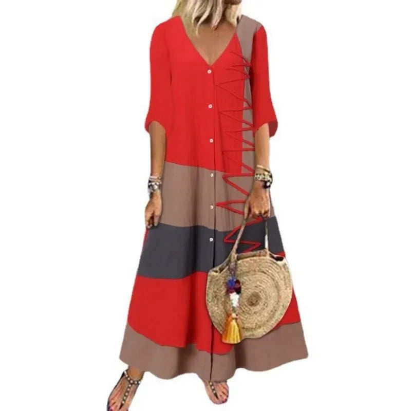 Women's Summer Color Block Patchwork Printed Dress V-neck Short Sleeved Fashion Dress Button Women's Casual Loose Long Dress