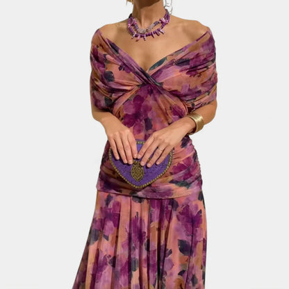 2025 Floral Print High Waist Pleat Party Dress Elegant Women Bat Sleeve Swing Party Dress Female Chest Low Cocktail A-Line Dress