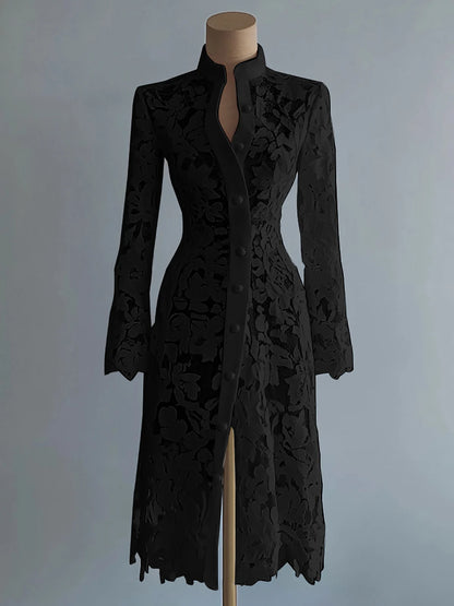 Women's Floral Lace Hollow Out Elegant Dress Solid Single-breasted Turtleneck Autumn Long Sleeve Cardigan Outwear Midi Dresses