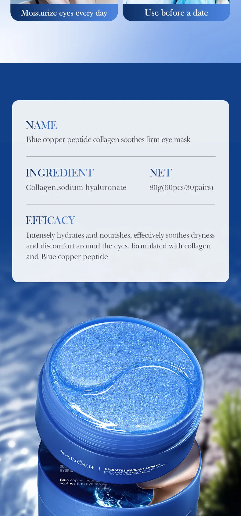 60pcs SADOER Caffeine Crystal Collagen Eye Mask Anti Dark Circles Ant -Aging Anti Wrinkles Moisturizing Eye Patches Skin Care