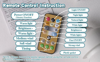 LED 40W ceiling fan light E27 with remote control for dimming, suitable for living room, study, household use, 85-265V