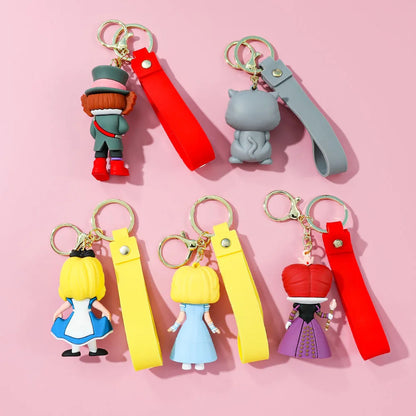 Alice in Wonderland Silicone Keychain Lovely 3D Anime Film Figure Key Chain Keyrings Backpack Bag Car Accessories Gift