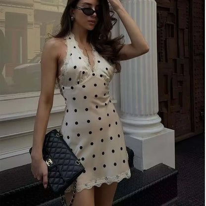 YENKYE Lace Spliced Polka Dot Halter Dress Women Elegant A-line Mini Sexy Backless Dresses Summer Robe 2025