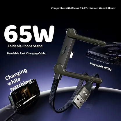 240W/65W Elbowed 180° Fast Charging Foldable Phone Holder, PD Cable Nylon Data Sync, For iPhone 17, Samsung, Xiaomi, POCO, Tesl