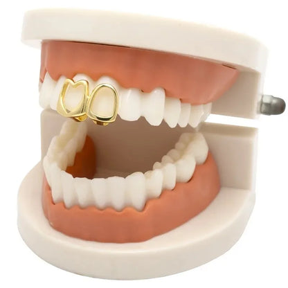 Golden Grillz Tooth Jewelry Set for Men and Women, Copper Inlaid Zircon Hollow Heart, Daily Wearable Valentine Gift, Hip Hop