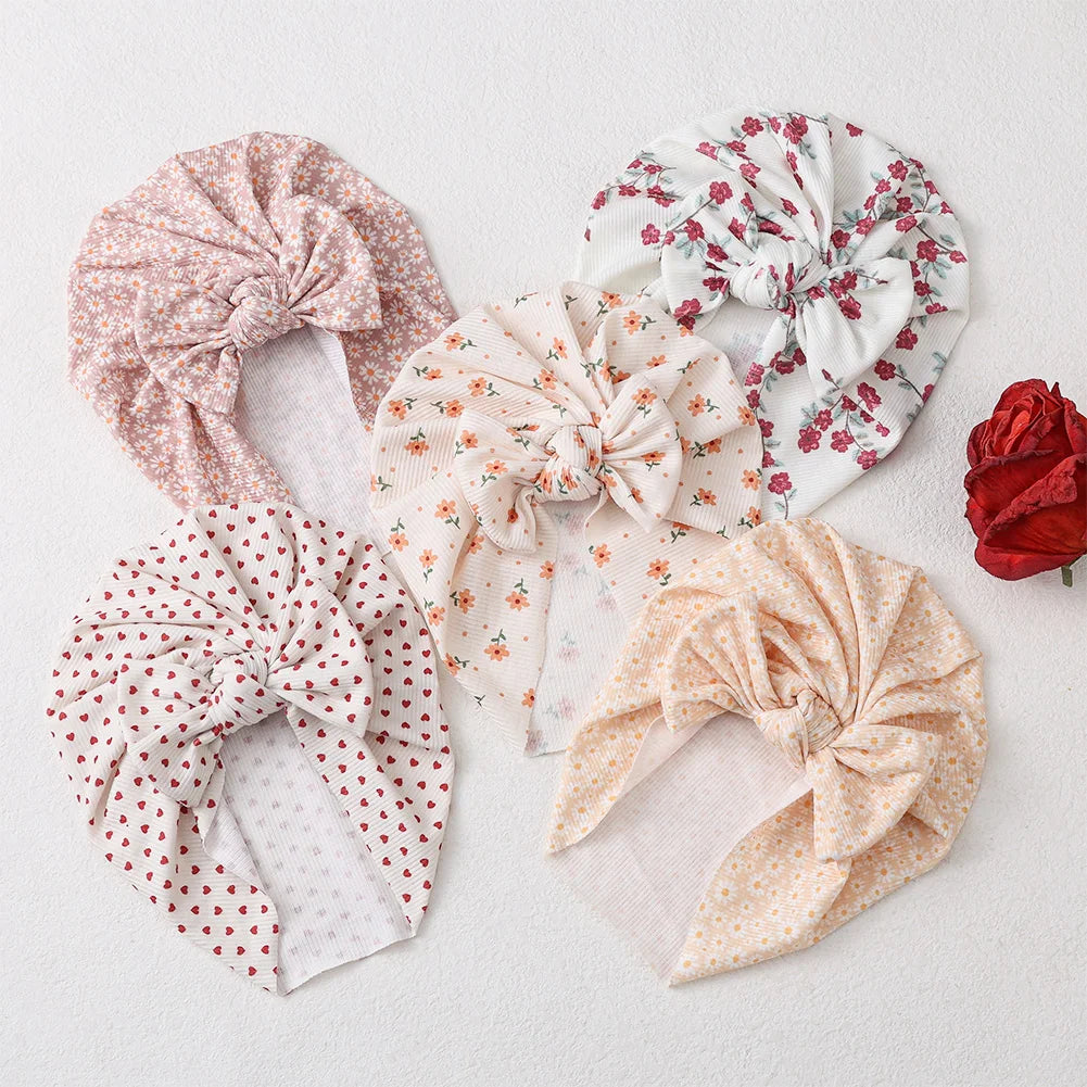3Pcs/Lot Baby Boys Girls Flower Print Baby India Turban Hats Sweet Hair Bows Topknotted Caps Beanies Ins Bear Heart Headwraps