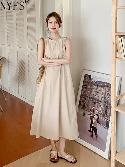 NYFS 2026 Summer New Korea Woman Dress Vestidos Robe Elbise Loose Plus Size Solid Sleeveless Backless Long Dress L-4XL