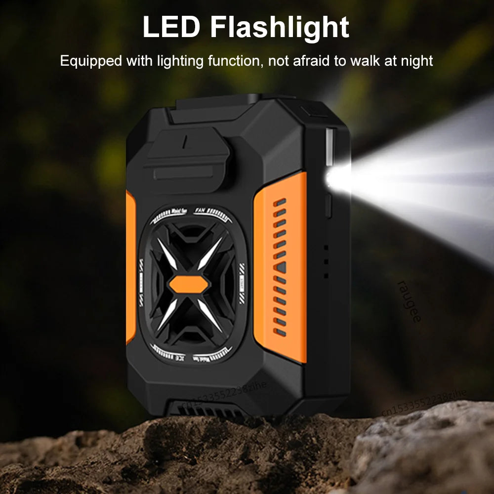 Portable Waist Clip Fan 5000mAh USB Rechargeable Fan Powerful Air Cooler Outdoor Camping Waist Fan with Power Bank LED Light