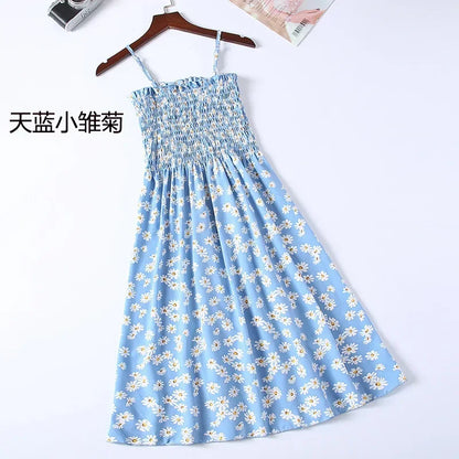 Summer Chiffon Camisole Sleeveless Dress Women Mini Dresses Fashion Elastic  Waist Casual Spaghetti Strap Dresses Vestidos Girls