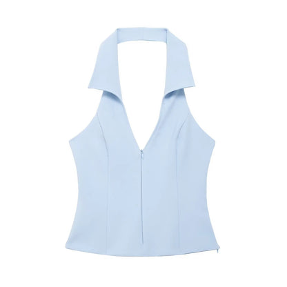 Women Summer 2 Piece Set High Waist Back Pocket Mini Skirts Shorts Sexy V-Neck Sleeveless Backless Suspender Zipper Top