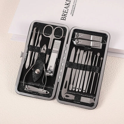 19-Piece Home Nail Clipper Set Large Dead Skin Pliers Diagonal Small Eyebrow Clipper with Leather Sleeve for Personal Grooming